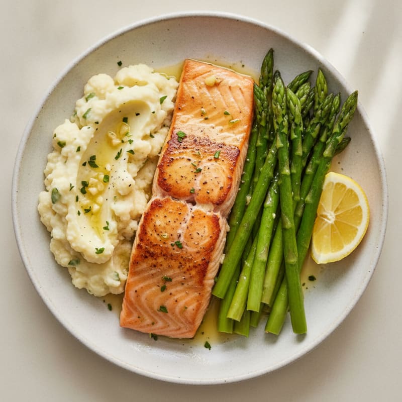 Seared Salmon with Steamed Asparagus and Garlic Mashed Cauliflower