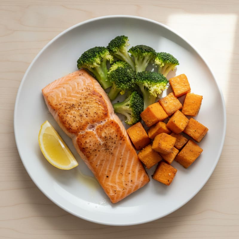 Seared Salmon Fillet with Steamed Broccoli and Roasted Sweet Potato