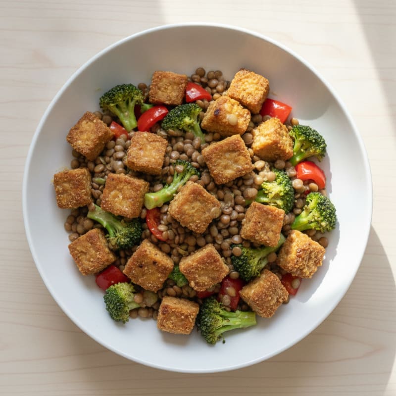 Lentil and Tempeh Power Bowl with Crunchy Vegetables