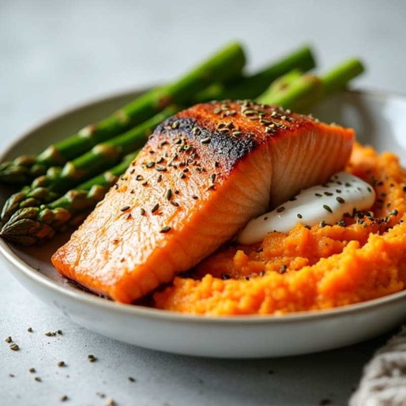 Seared Salmon with Roasted Asparagus and Sweet Potato Mash