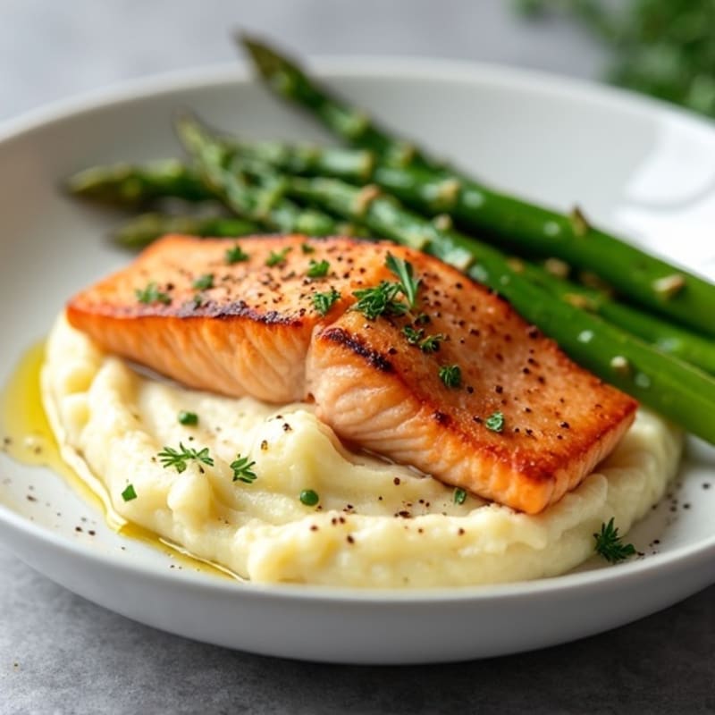 Seared Salmon Fillet with Garlic Mashed Potatoes and Steamed Asparagus