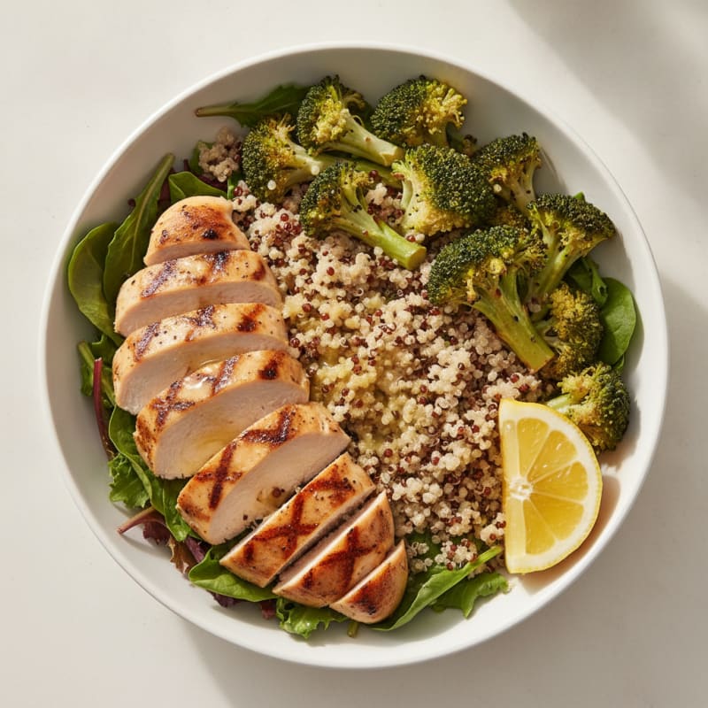 Grilled Chicken Quinoa Bowl with Roasted Broccoli and Spring Mix