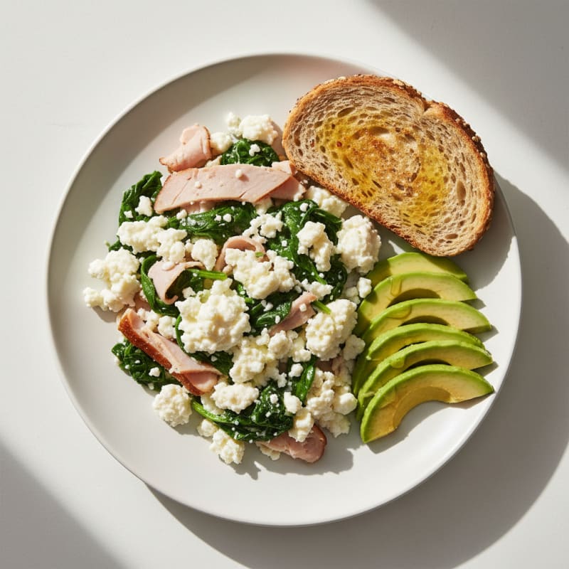 Cottage Cheese Egg White Scramble with Smoked Turkey and Spinach