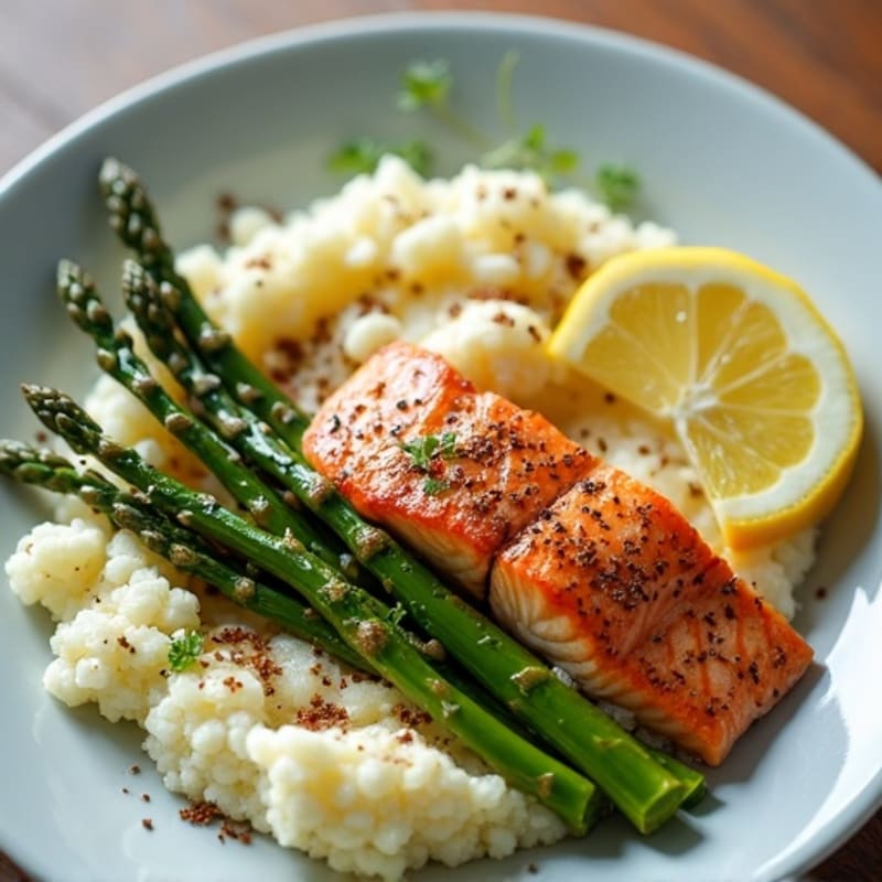 Seared Salmon with Roasted Asparagus and Cauliflower Mash