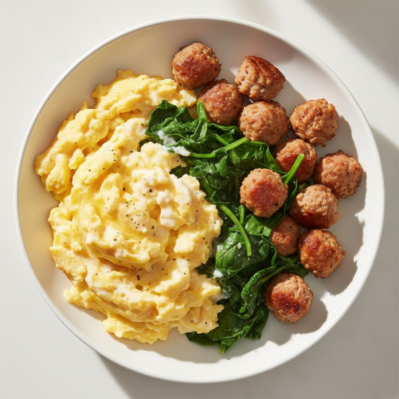 Creamy Scrambled Eggs with Turkey Sausage and Sautéed Spinach