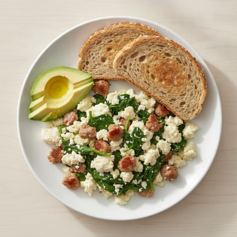 Egg White and Turkey Sausage Scramble with Sautéed Spinach