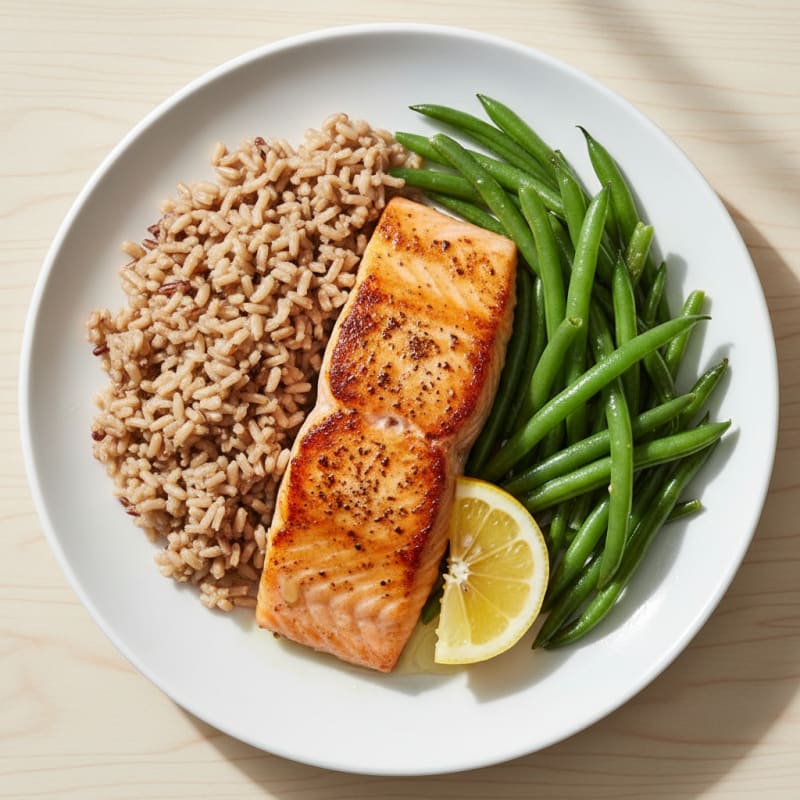 Pan-Seared Salmon with Steamed Green Beans and Brown Rice