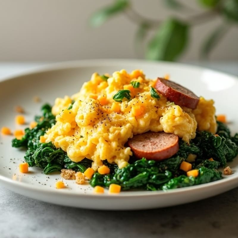 Egg White and Turkey Sausage Scramble with Sautéed Spinach