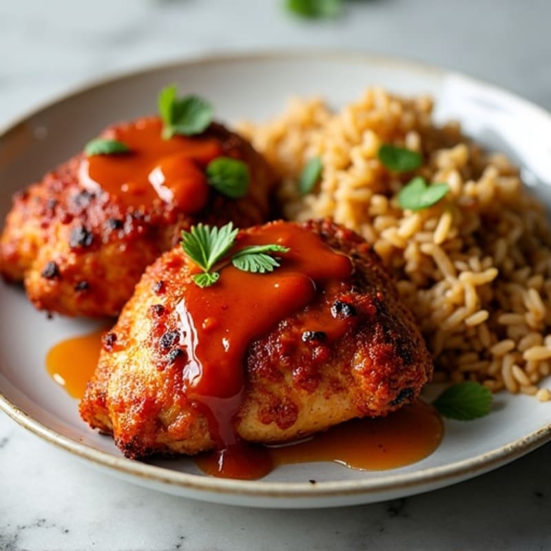 Crispy Baked Chicken Thighs with Spicy Gochujang Glaze and Brown Rice