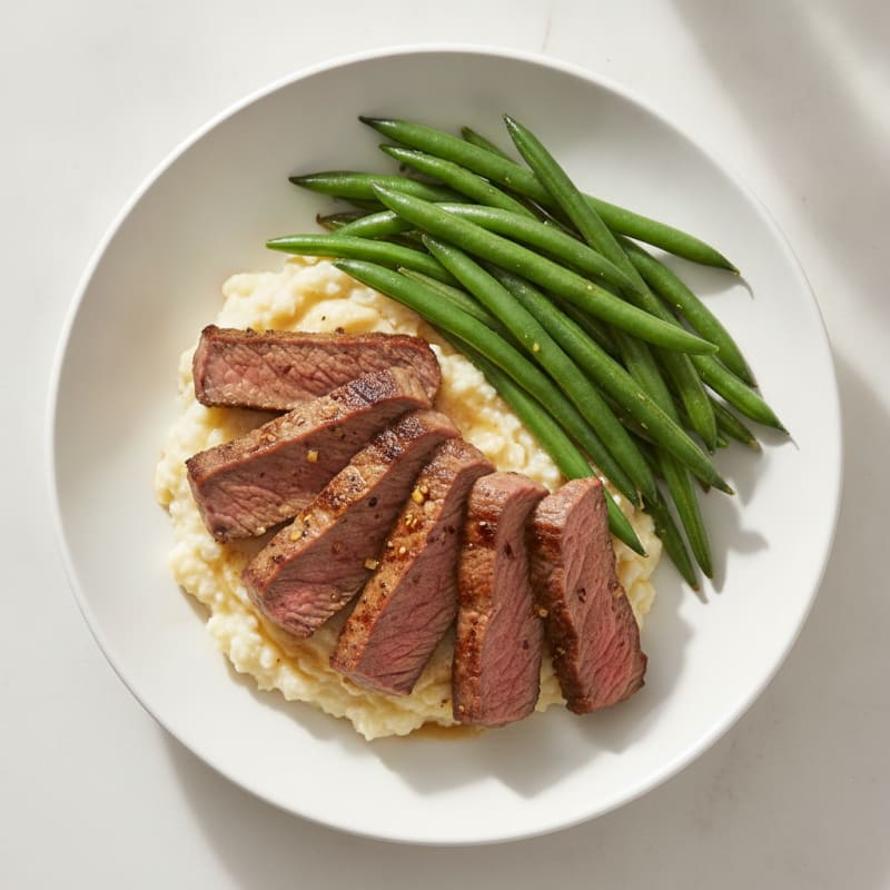 Seared Lean Beef Strips with Steamed Green Beans and Cauliflower Mash
