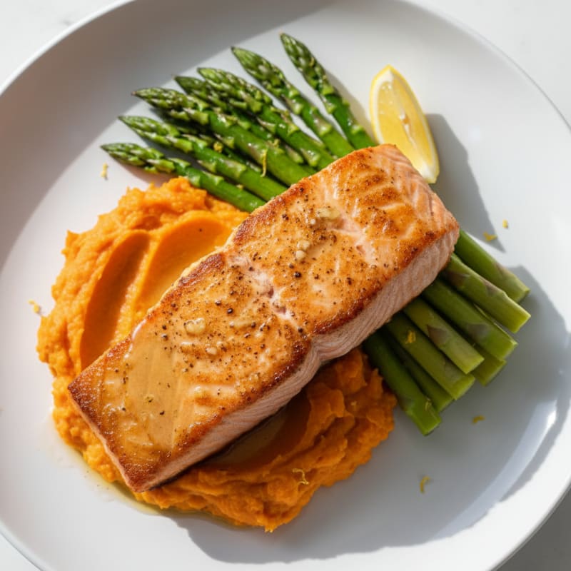 Seared Salmon Fillet with Steamed Asparagus and Sweet Potato Mash