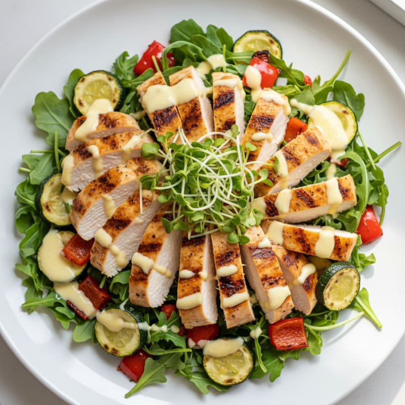 Grilled Chicken Arugula Salad with Roasted Vegetables