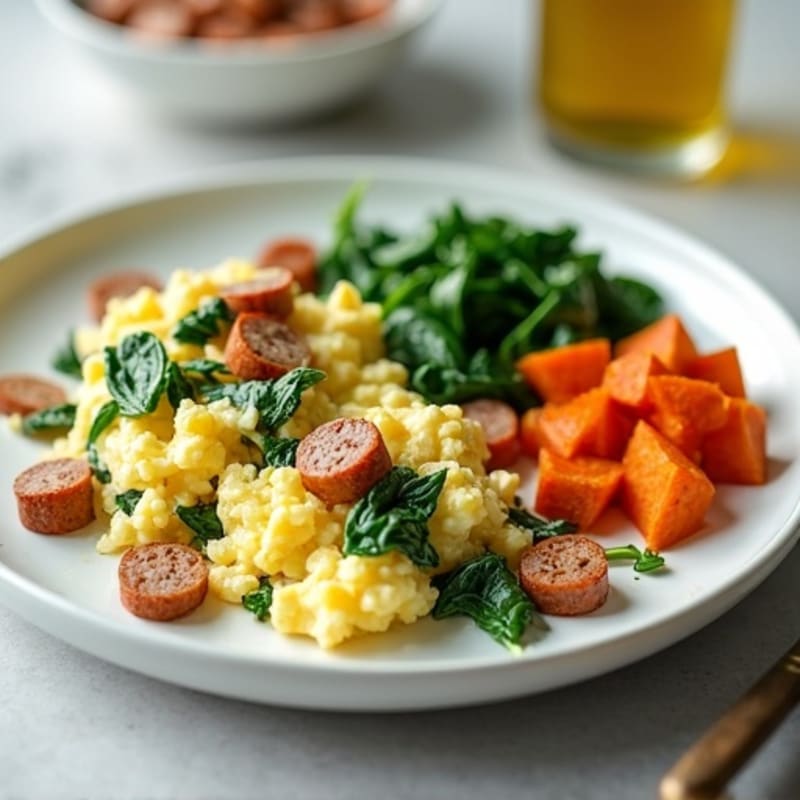 Egg White Spinach Scramble with Turkey Sausage and Roasted Sweet Potato