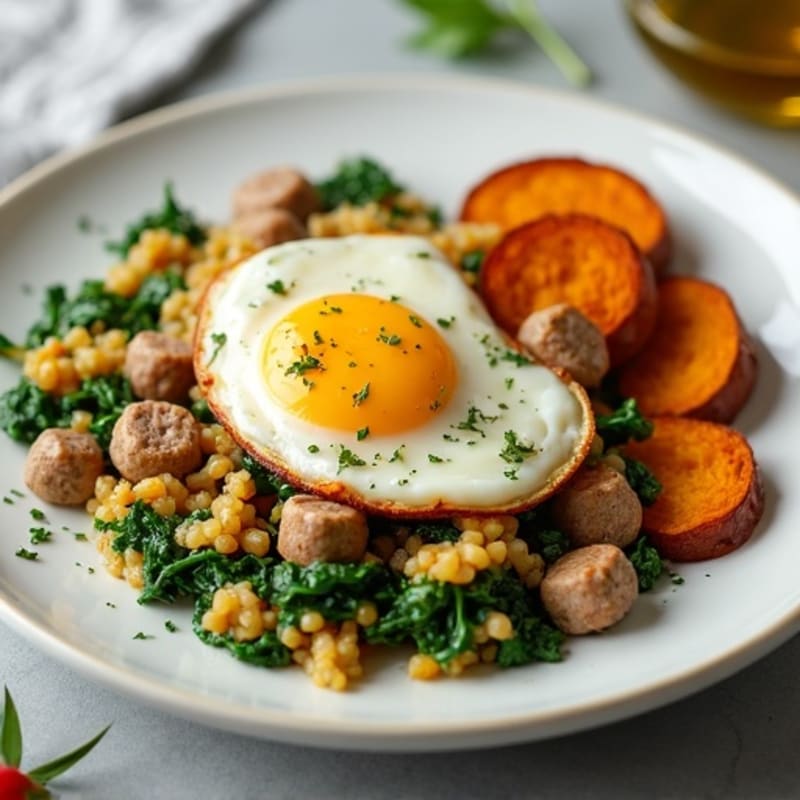 Egg White and Turkey Sausage Scramble with Spinach and Roasted Sweet Potato