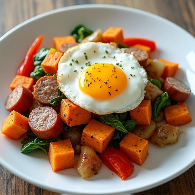 Crispy Sweet Potato Hash with Turkey Sausage and Eggs