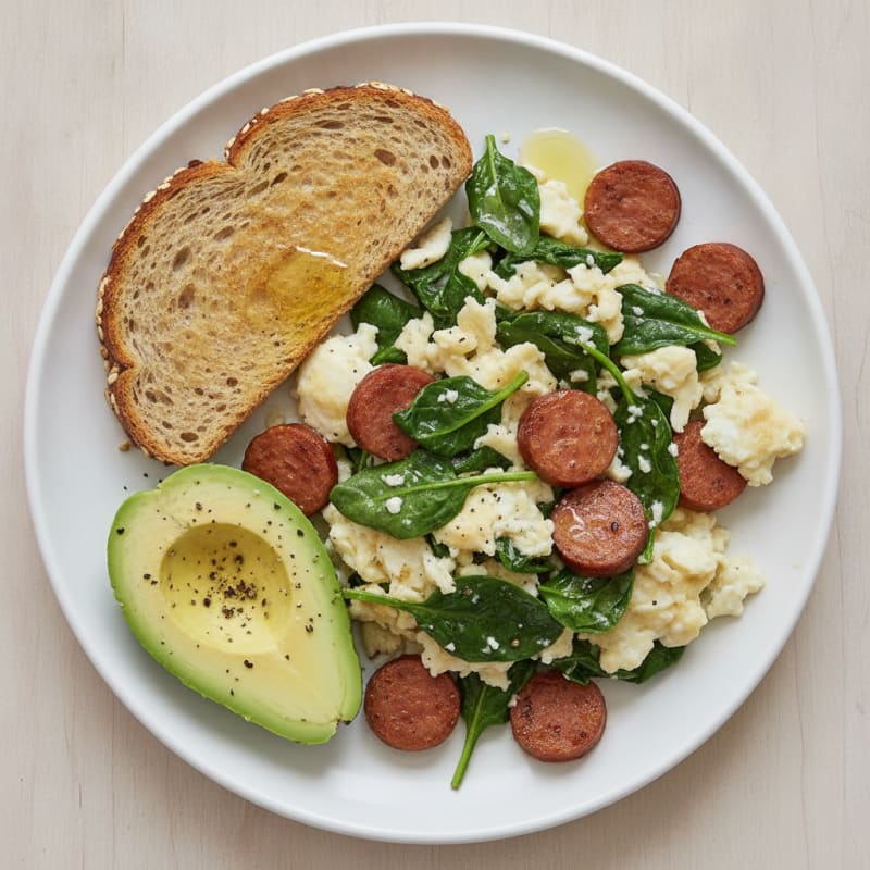 Egg White Spinach Scramble with Turkey Sausage