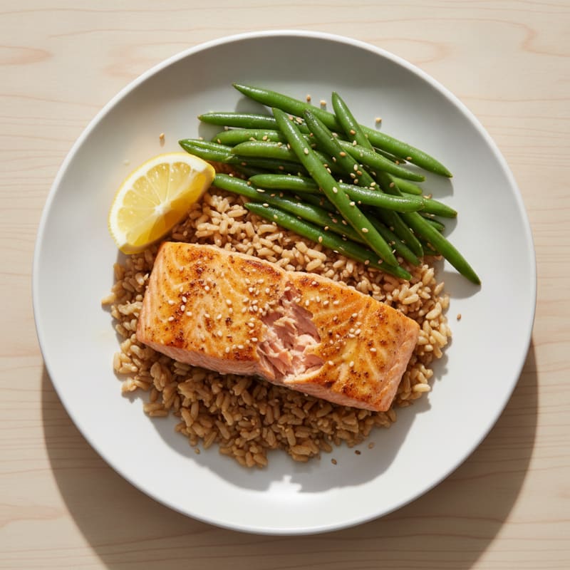 Seared Salmon with Steamed Green Beans and Brown Rice