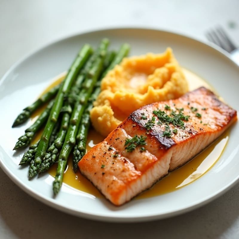 Seared Salmon Fillet with Steamed Asparagus and Garlic Mashed Sweet Potatoes