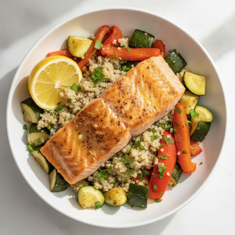 Grilled Salmon Power Bowl with Roasted Vegetables and Quinoa