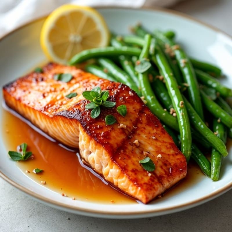 Pan-Seared Teriyaki Glazed Salmon with Crispy Green Beans