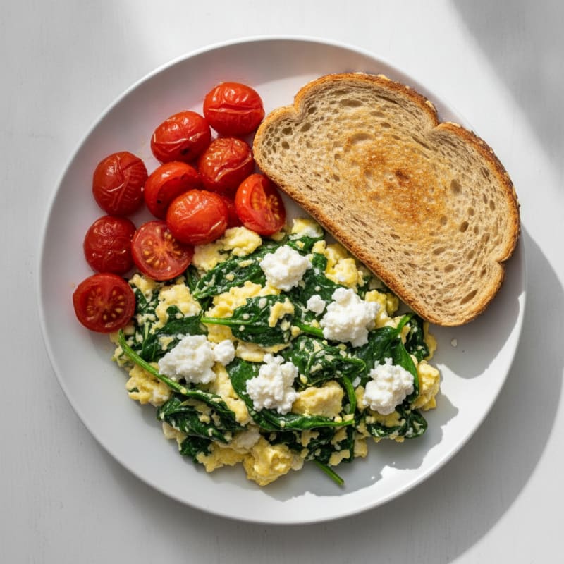 Egg White and Spinach Scramble with Cottage Cheese and Cherry Tomatoes