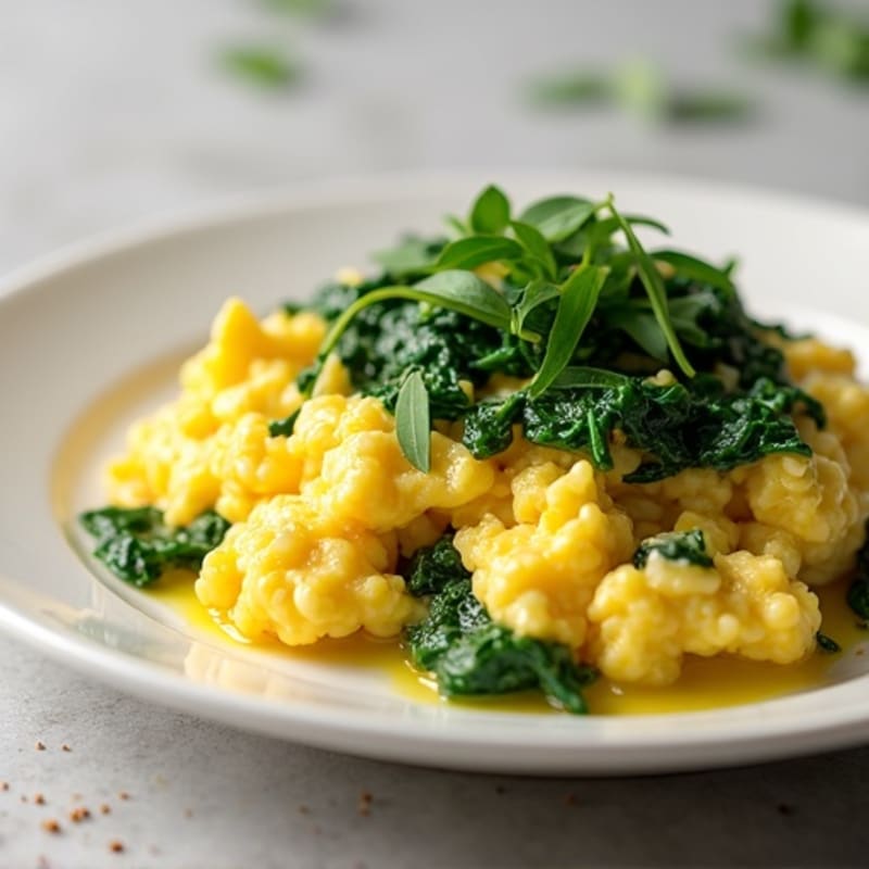 Scrambled Eggs with Cottage Cheese and Sautéed Spinach