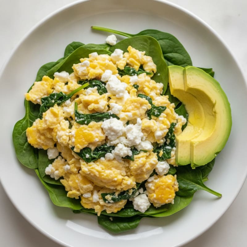 Fluffy Scrambled Eggs with Cottage Cheese and Sautéed Spinach