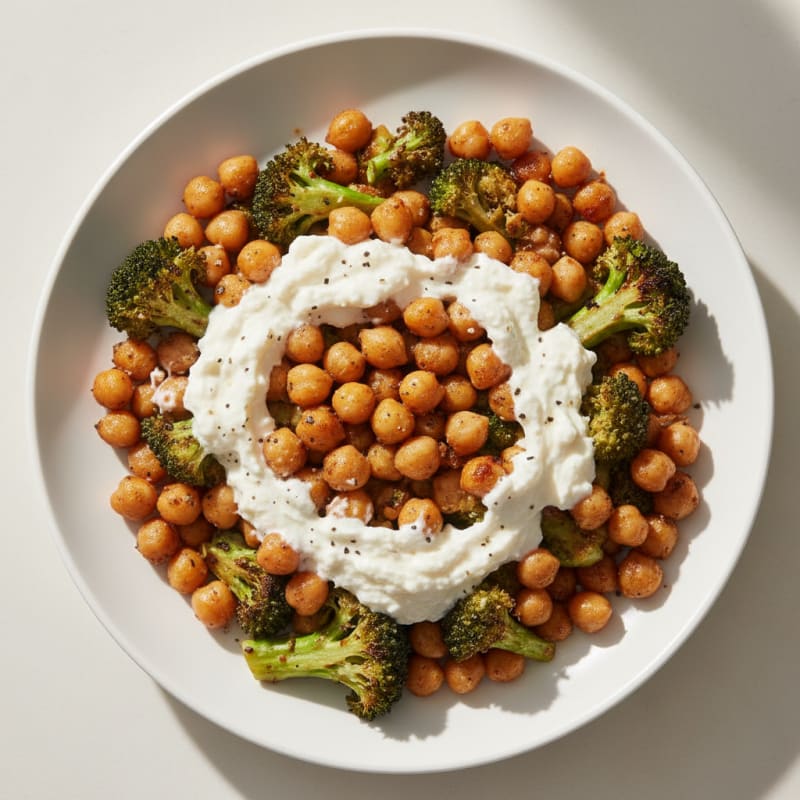 Creamy Cottage Cheese and Chickpea Stir Fry with Roasted Broccoli