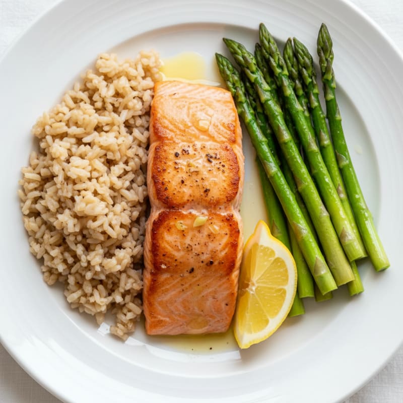 Seared Salmon Fillet with Steamed Asparagus and Brown Rice