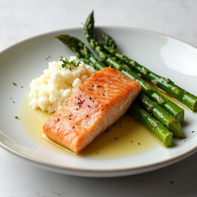 Seared Salmon with Roasted Asparagus and Cauliflower Mash