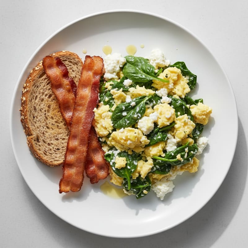 Cottage Cheese Egg Scramble with Spinach and Turkey Bacon