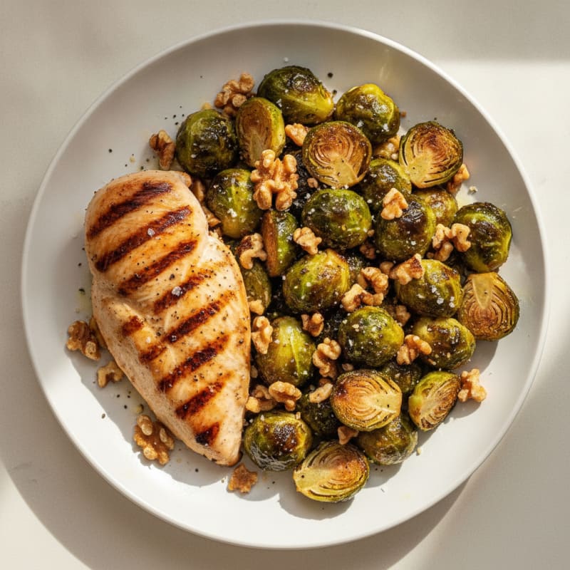 Balsamic-Glazed Brussels Sprouts with Toasted Walnuts & Grilled Chicken