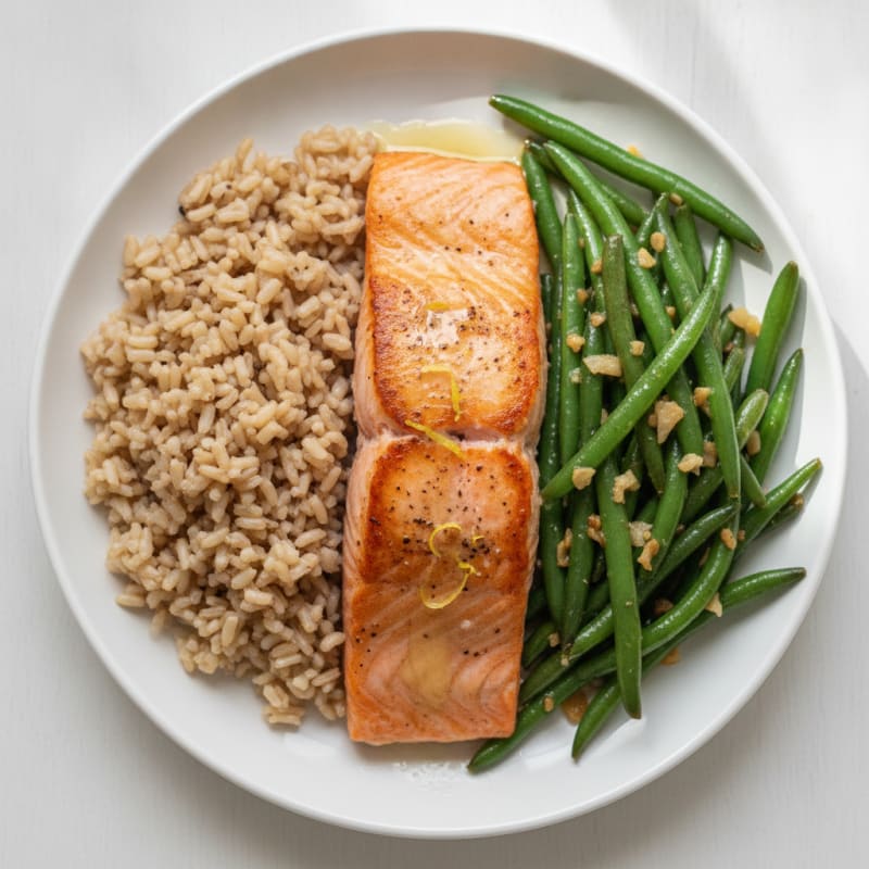Seared Salmon with Garlic Green Beans and Brown Rice