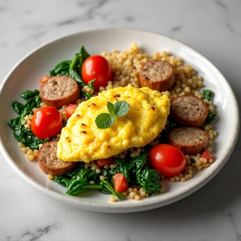 Egg White and Turkey Sausage Scramble with Spinach, Tomatoes, and Quinoa