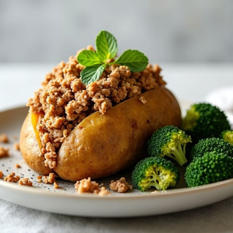 Loaded Baked Potato with Savory Ground Turkey and Crispy Broccoli