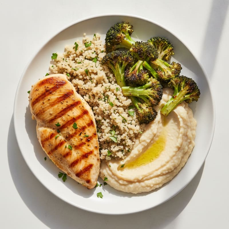Grilled Chicken Breast with Quinoa, Roasted Broccoli, and White Bean Mash