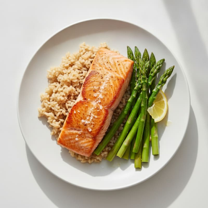 Seared Salmon with Steamed Asparagus and Brown Rice