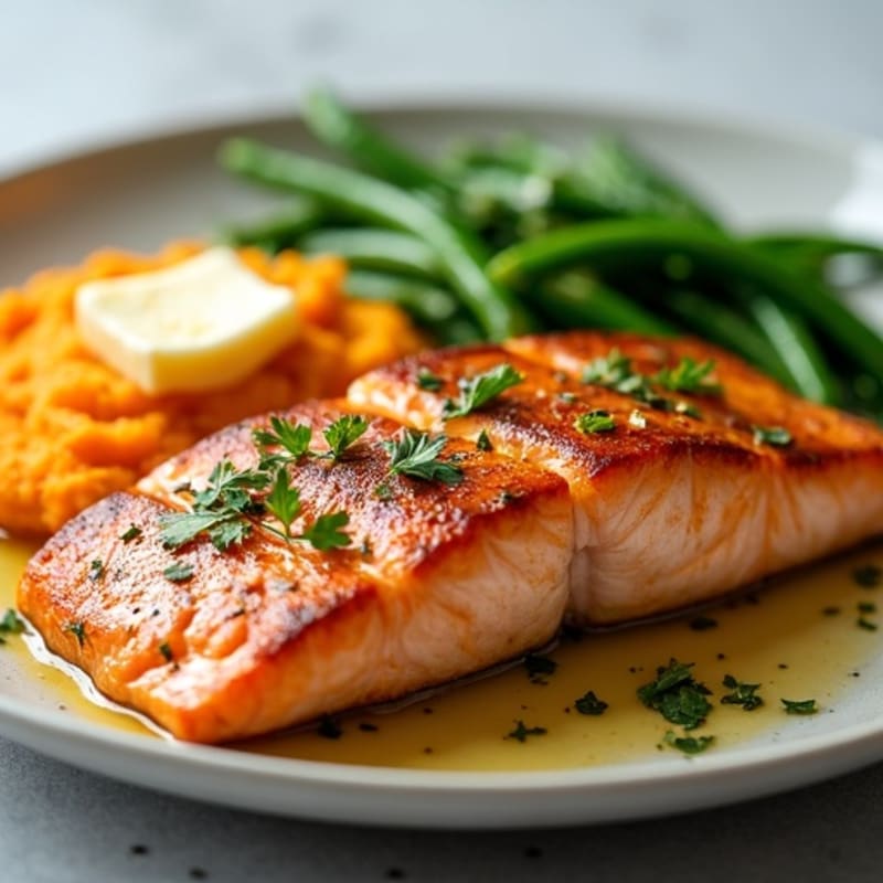 Seared Salmon with Garlic Green Beans and Sweet Potato Mash