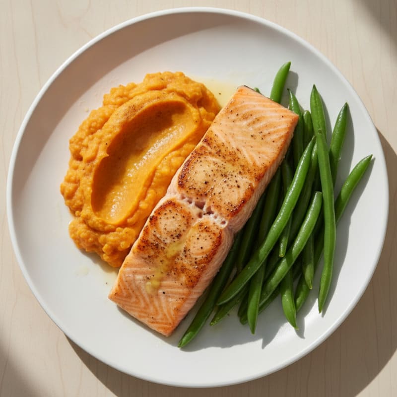Seared Salmon with Steamed Green Beans and Sweet Potato Mash