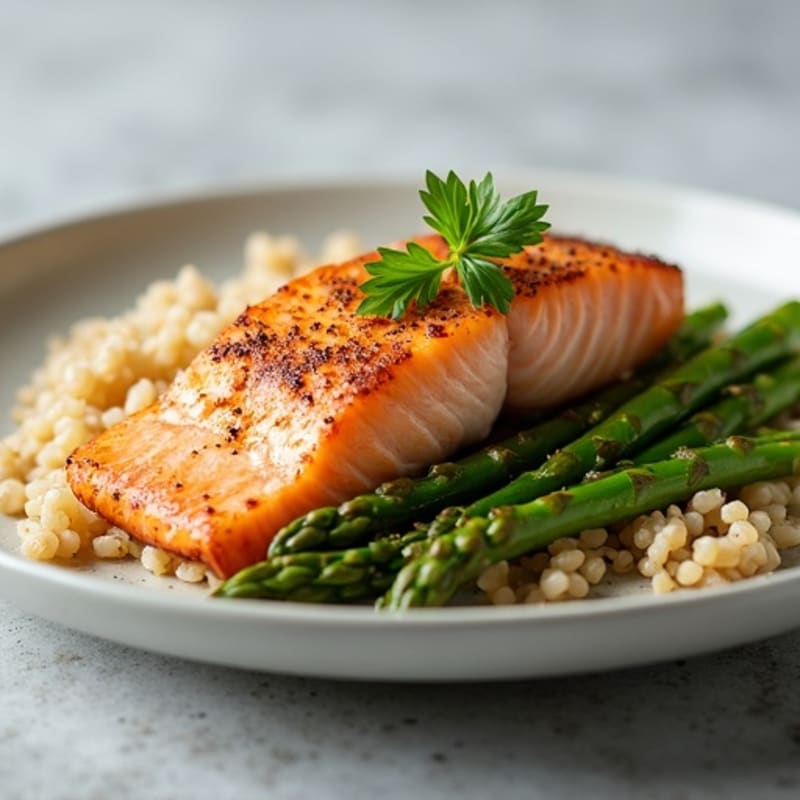 Seared Salmon with Steamed Asparagus and Brown Rice