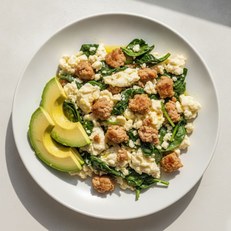 Egg White and Turkey Sausage Scramble with Sautéed Spinach