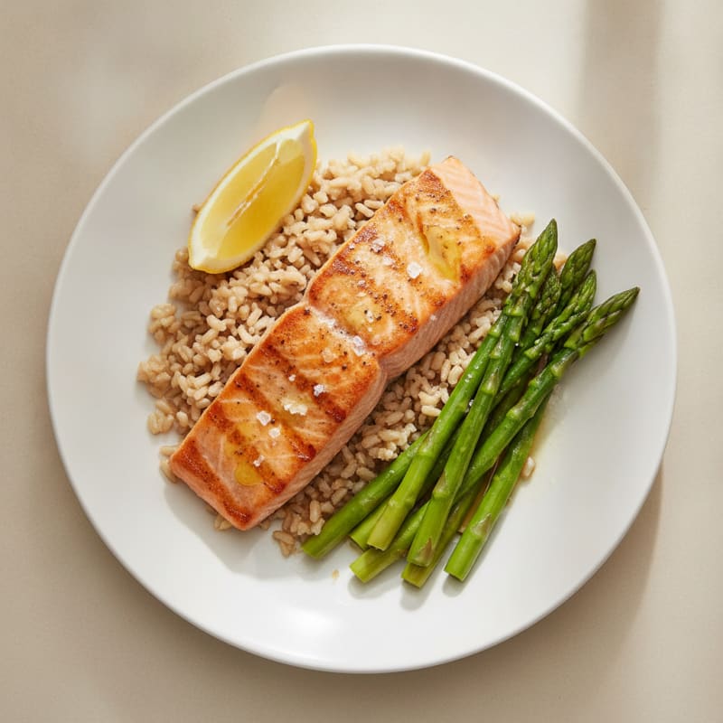 Seared Salmon with Steamed Asparagus and Brown Rice