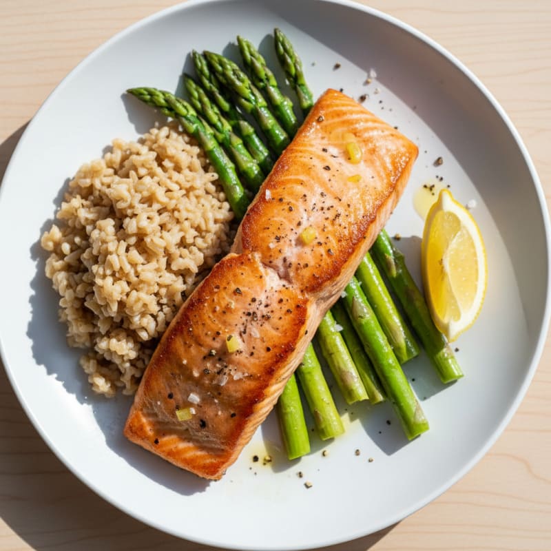 Seared Salmon with Steamed Asparagus and Brown Rice