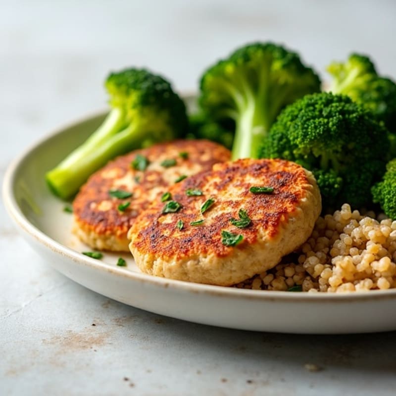 Seared Turkey Patties with Steamed Broccoli and Quinoa