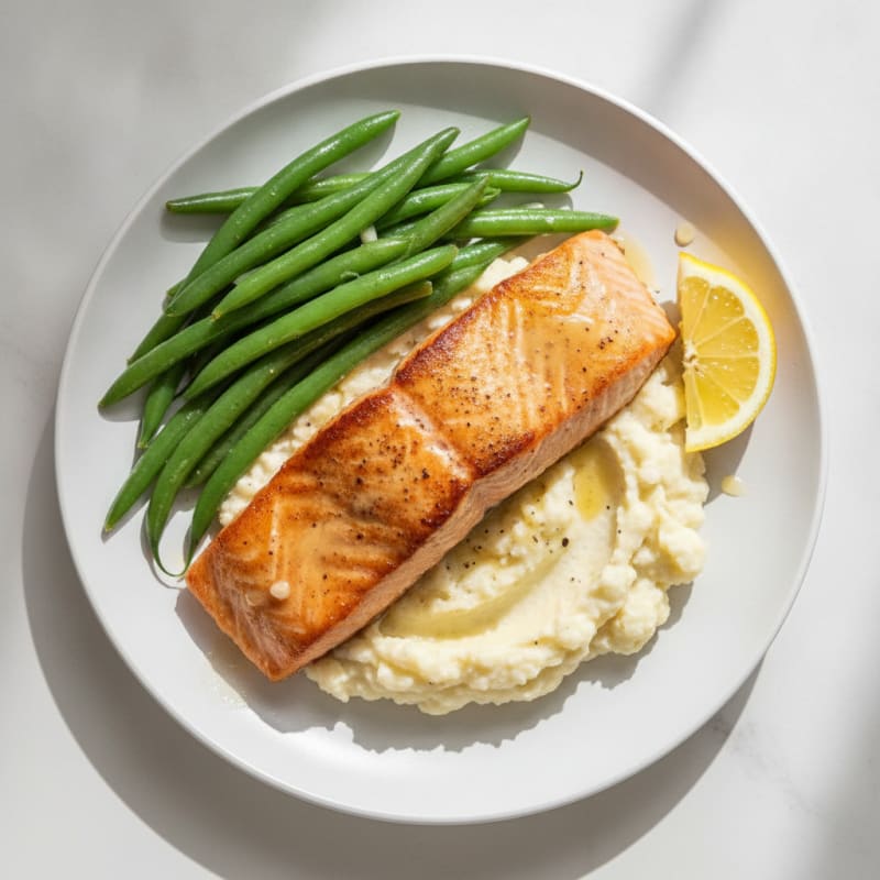 Seared Salmon with Steamed Green Beans and Cauliflower Mash