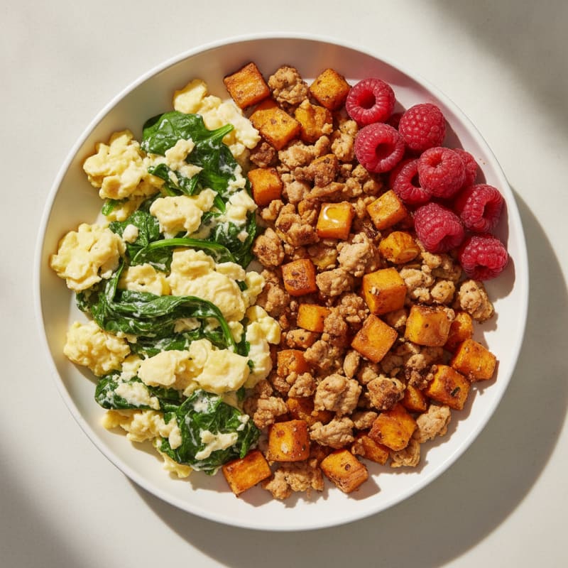 Scrambled Eggs with Spinach and Roasted Sweet Potato Hash