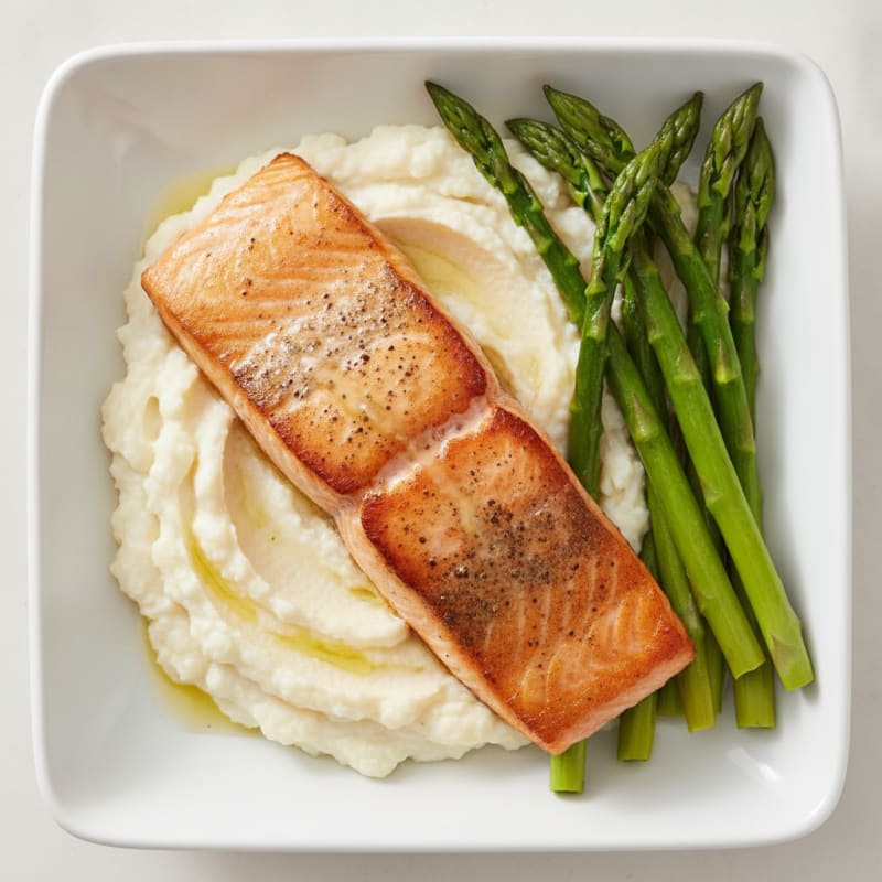 Seared Salmon Fillet with Steamed Asparagus and Cauliflower Mash