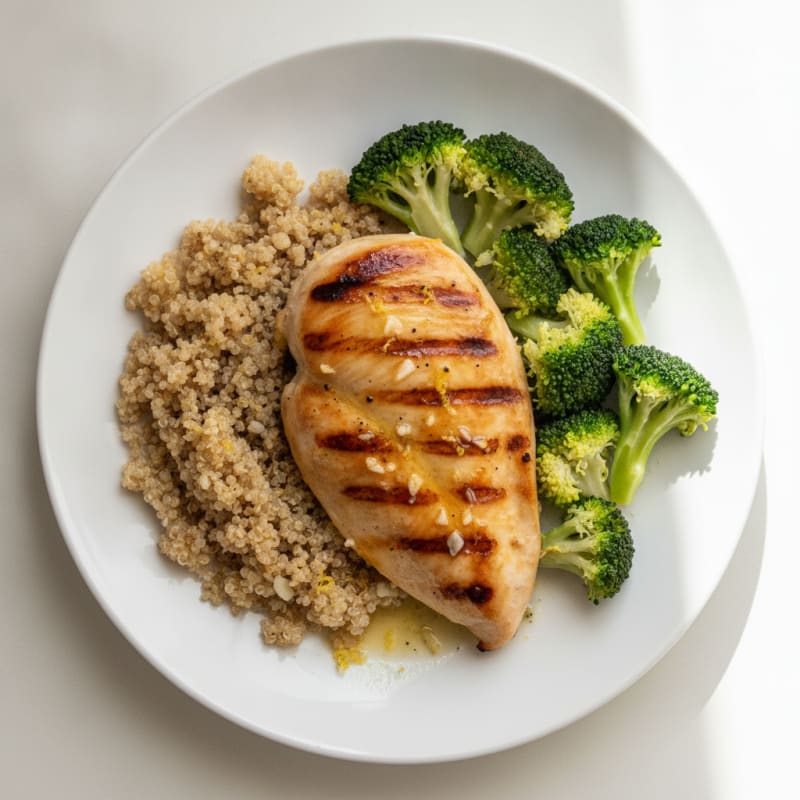 Grilled Lemon Garlic Chicken Breast with Quinoa and Steamed Broccoli