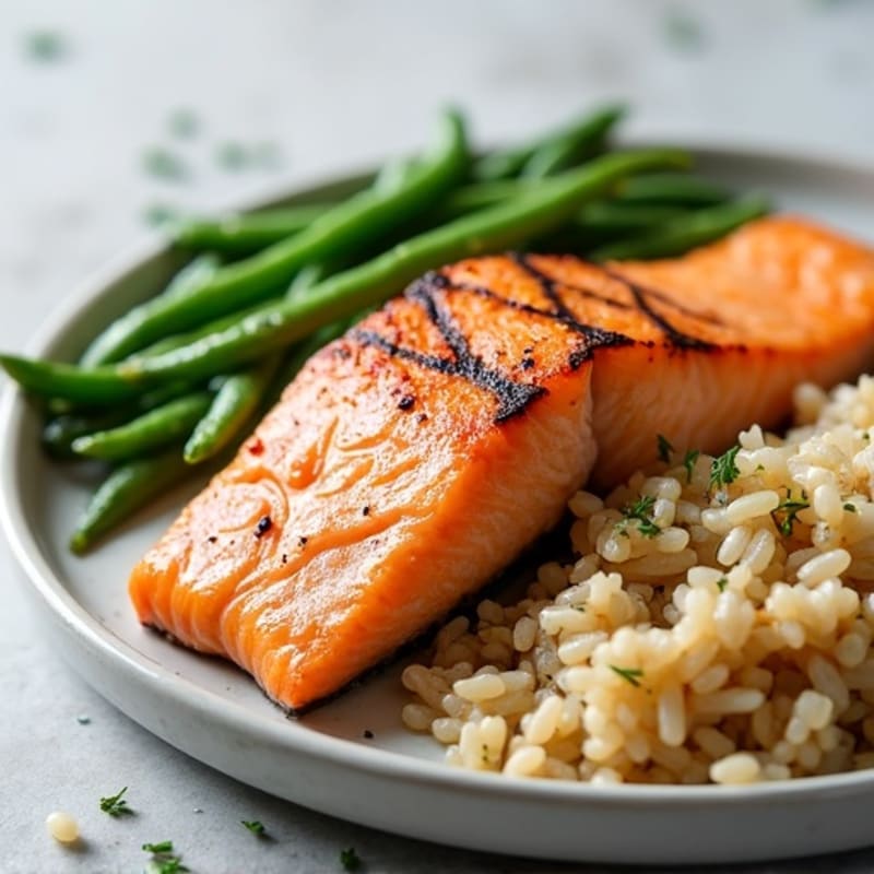Seared Salmon Fillet with Garlic Green Beans and Brown Rice