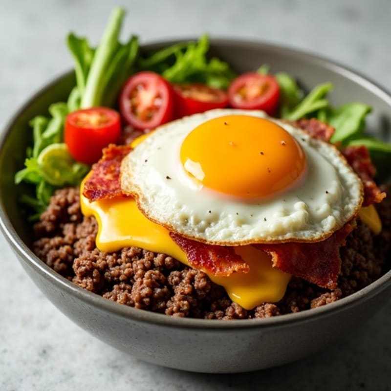 Lean Ground Beef Cheeseburger Bowl with Crispy Bacon and Creamy Cheese Sauce